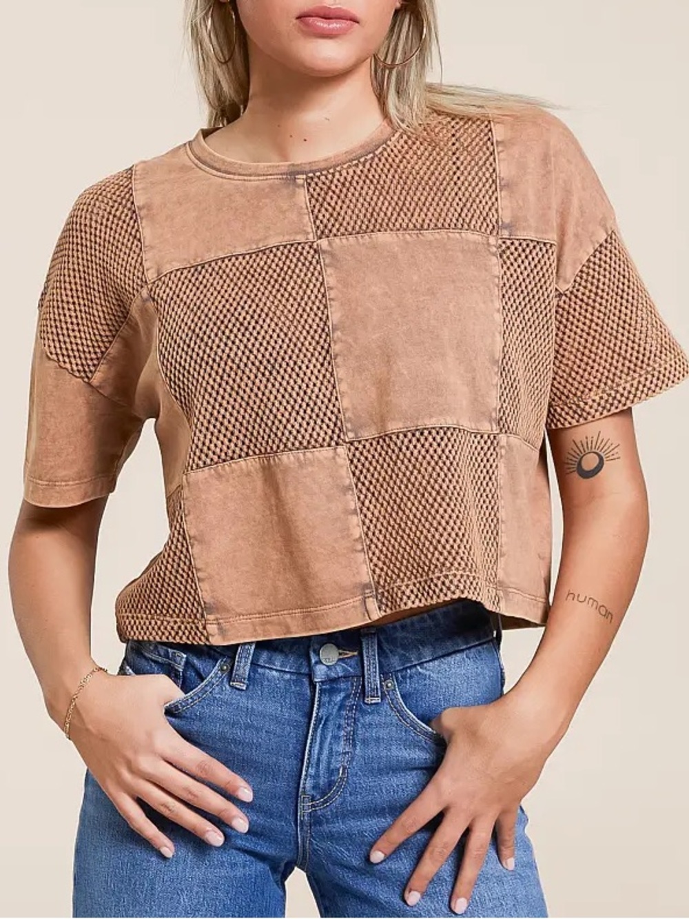 Gilded Intent Patchwork Cropped Tee in Tan